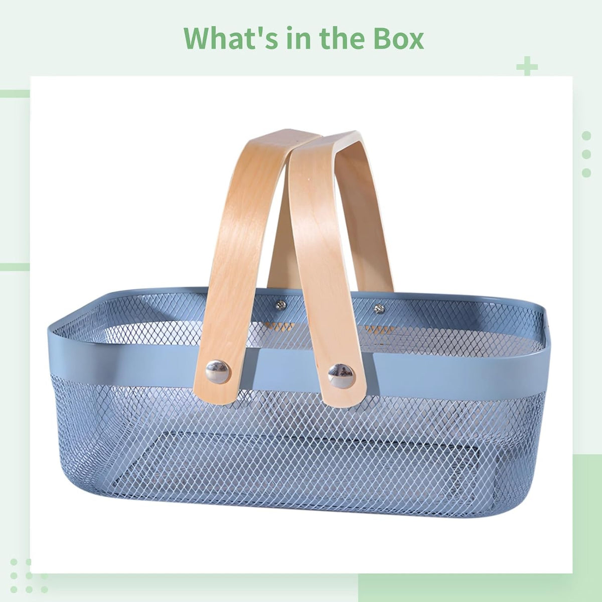 Blue Metal Storage Basket with Wooden Carry Handles