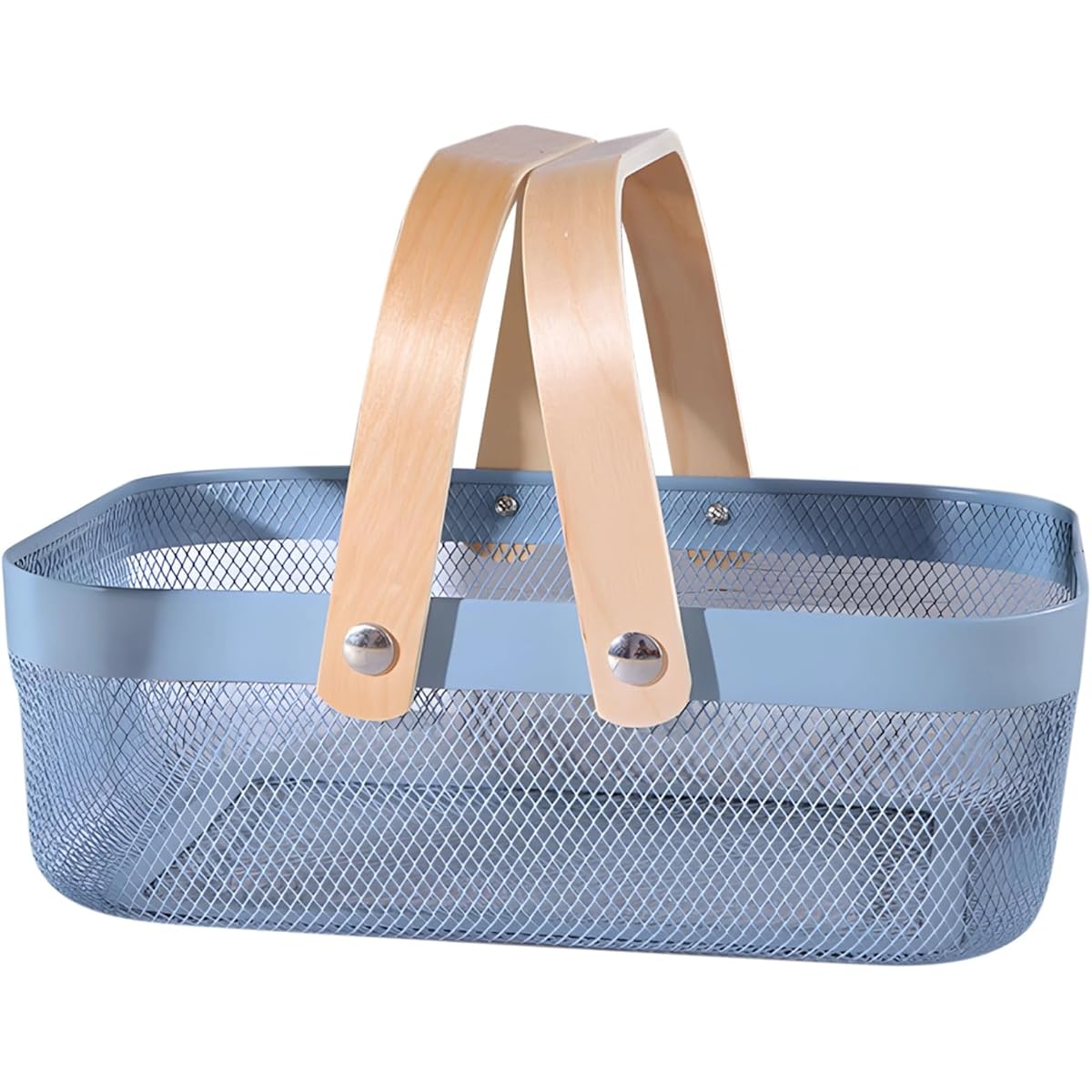 Blue Metal Storage Basket with Wooden Carry Handles
