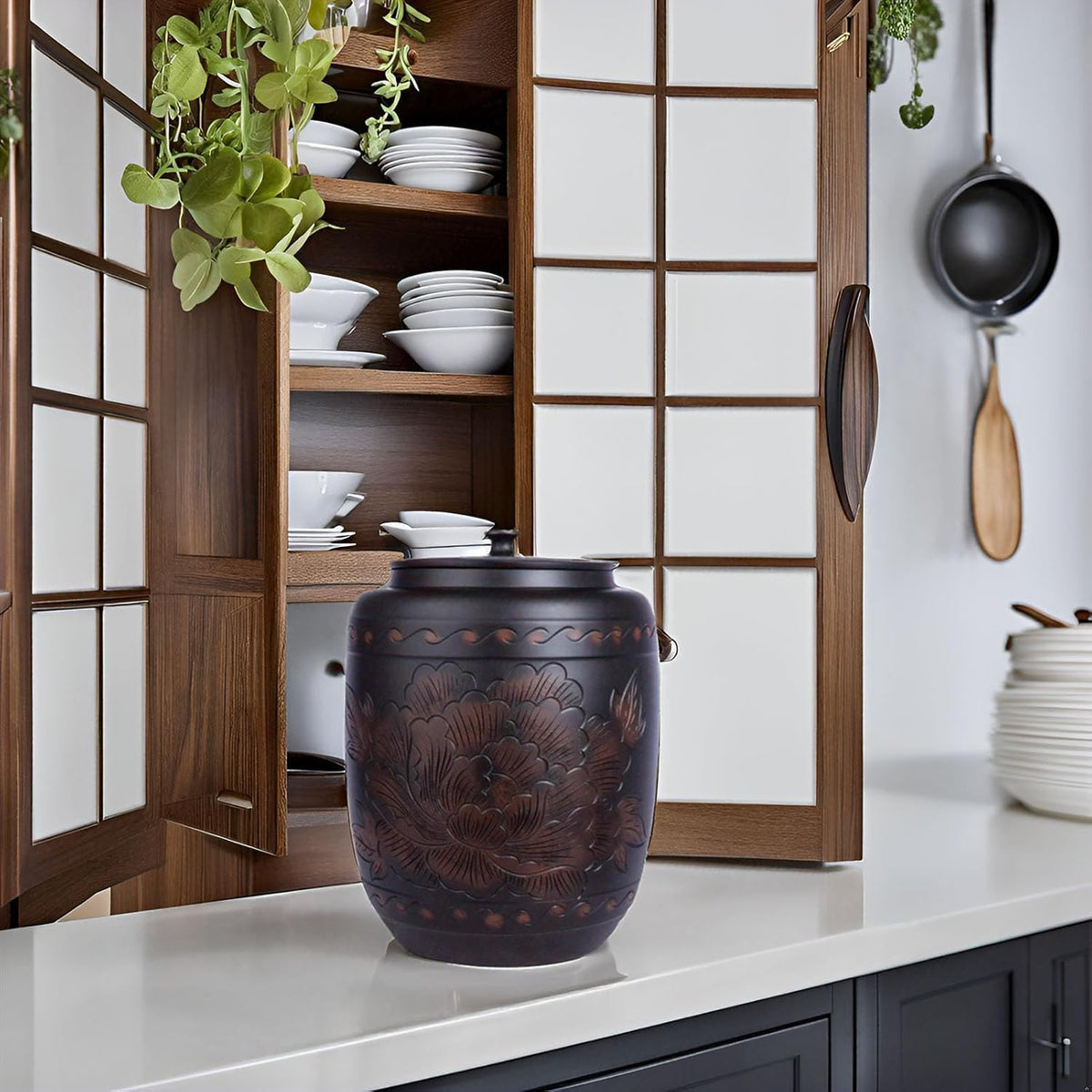 Black Ceramic Rice Storage Jar with Lid