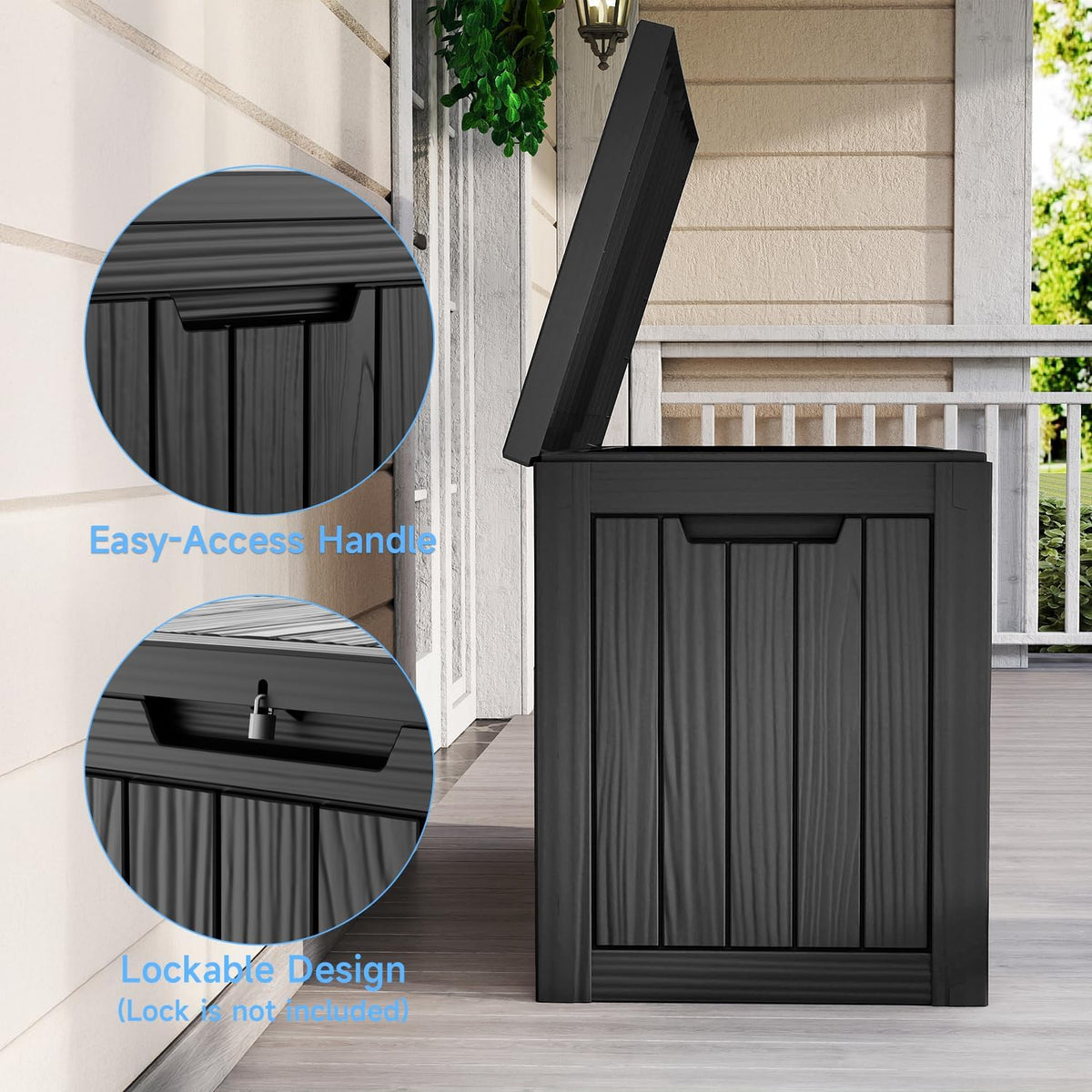 Black Resin-Style Outdoor Storage Box with Lid