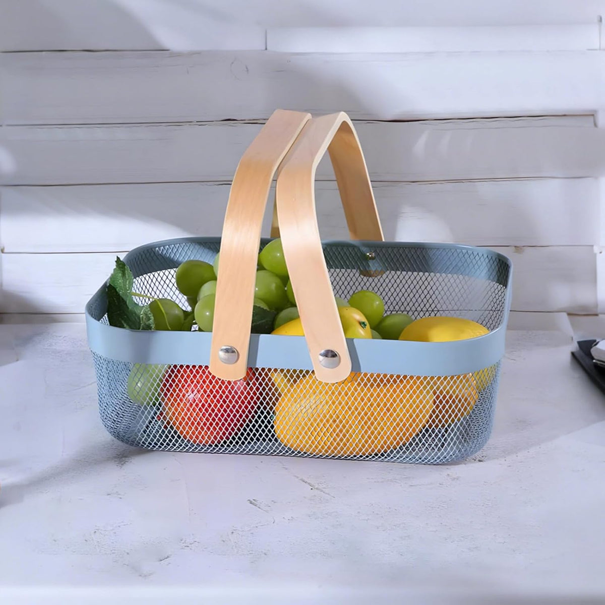 Blue Metal Storage Basket with Wooden Carry Handles