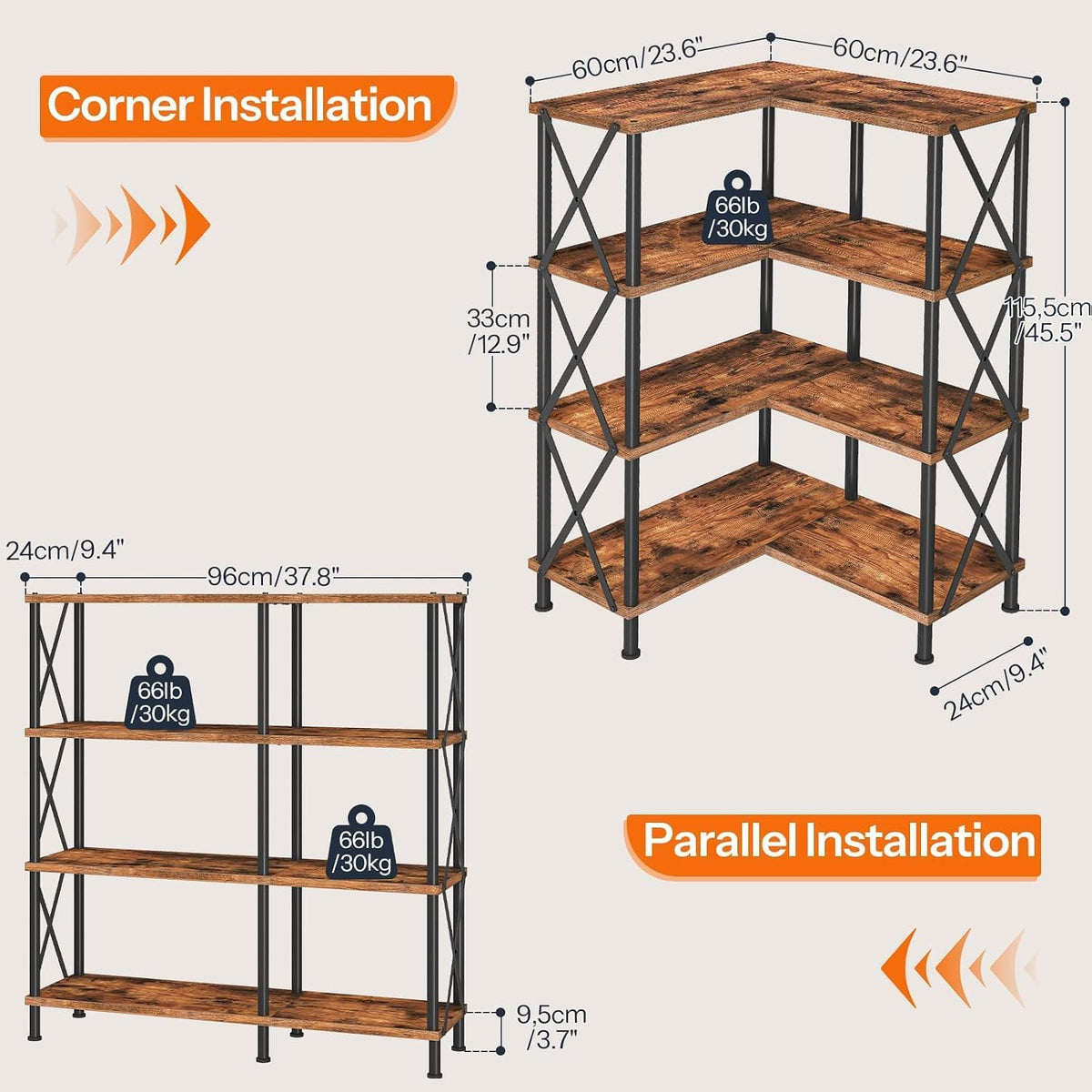 Four-Tier L-Shaped Corner Bookshelf in Brown and Black