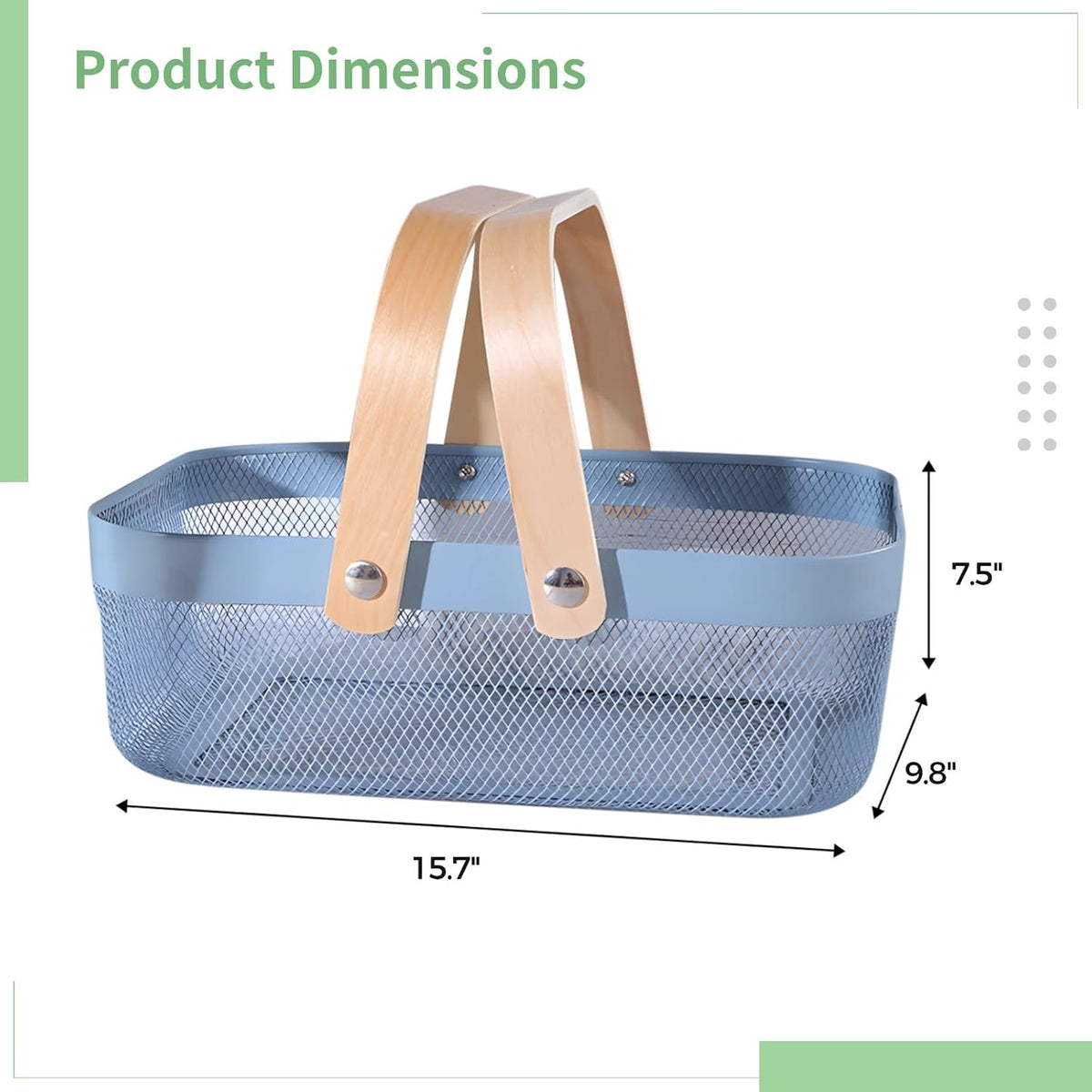 Blue Metal Storage Basket with Wooden Carry Handles