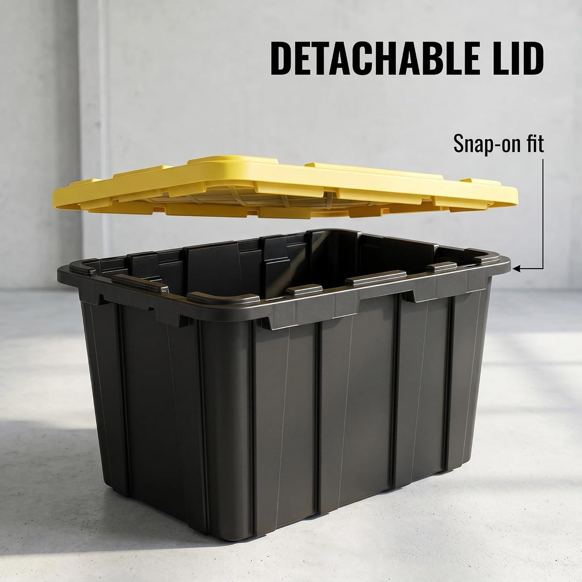 27-Gallon Black Storage Bins with Yellow Lids, 6-Pack