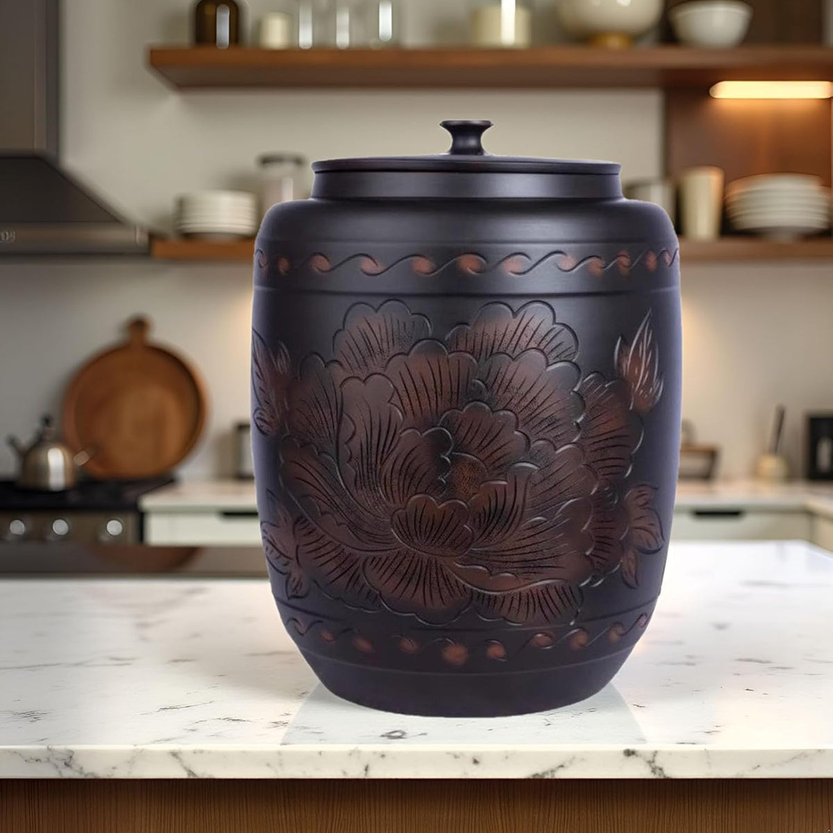 Black Ceramic Rice Storage Jar with Lid