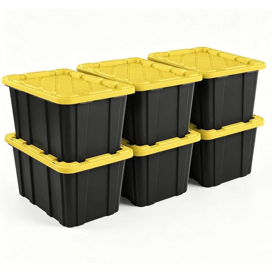 27-Gallon Black Storage Bins with Yellow Lids, 6-Pack