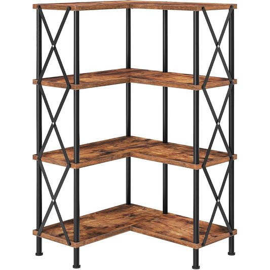Four-Tier L-Shaped Corner Bookshelf in Brown and Black