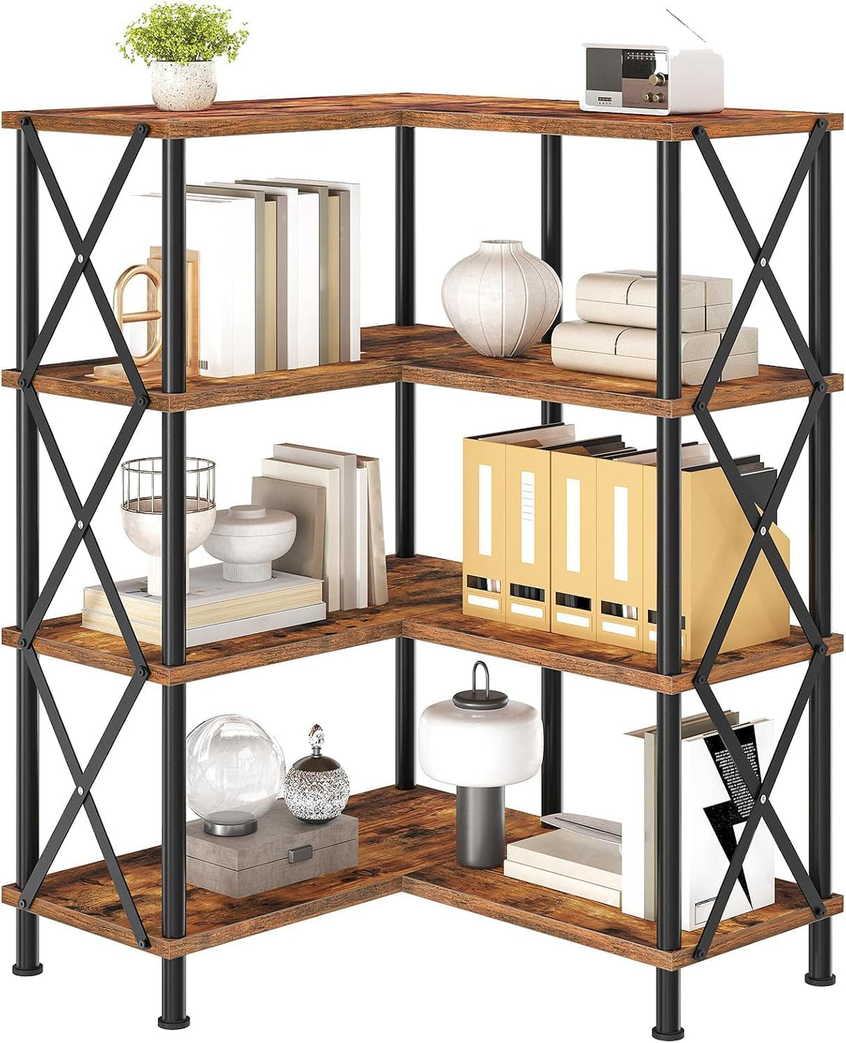 Four-Tier L-Shaped Corner Bookshelf in Brown and Black