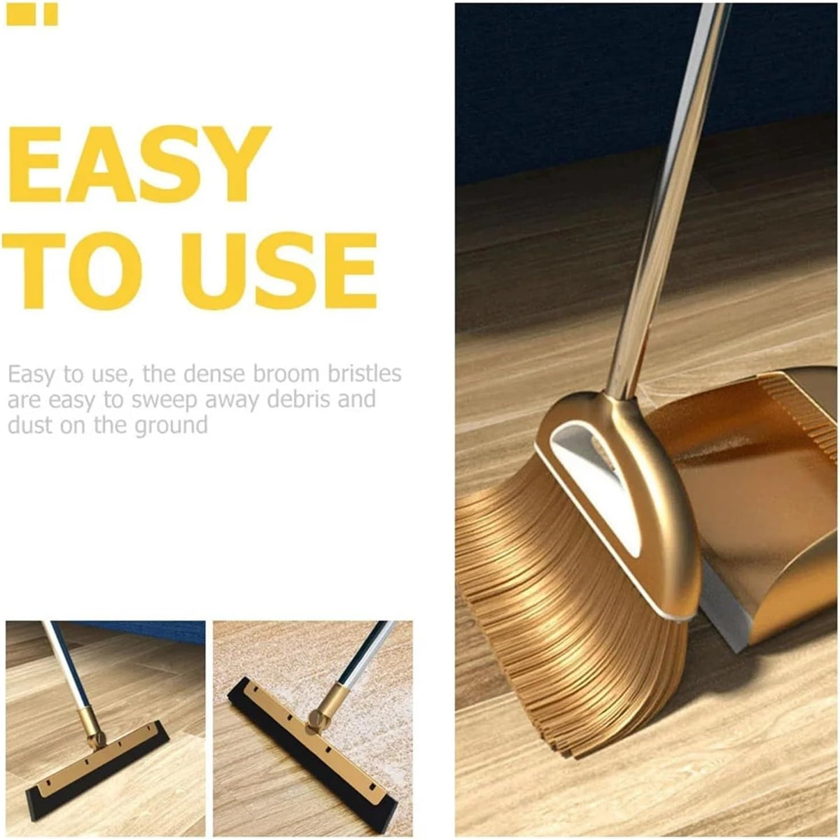 Gold Broom, Folding Dustpan and Floor Wiper Set