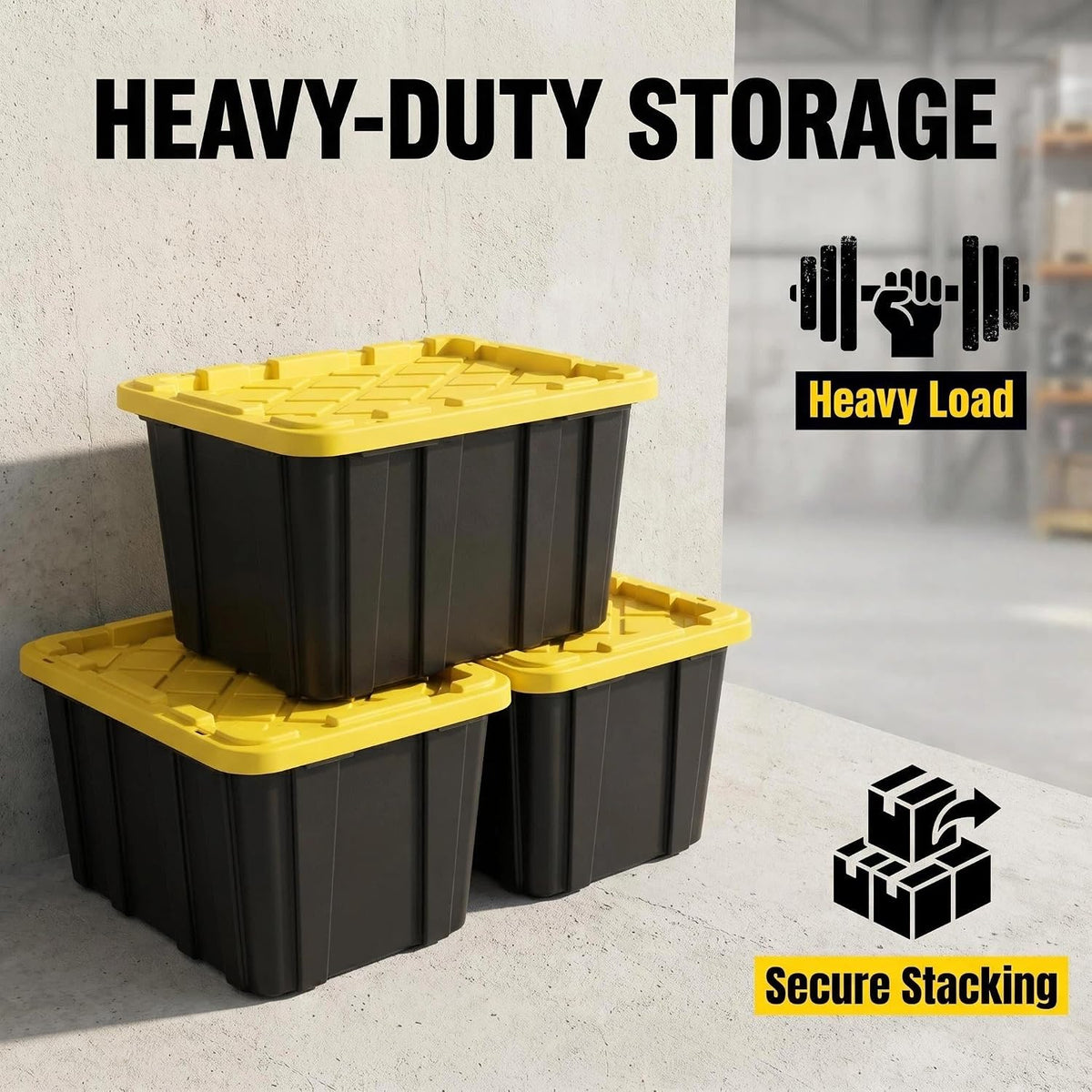 27-Gallon Black Storage Bins with Yellow Lids, 6-Pack