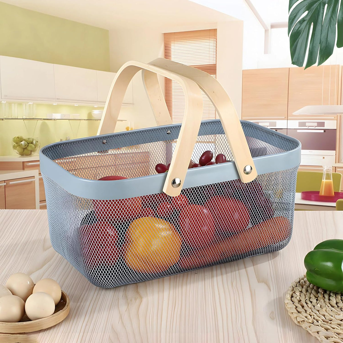 Blue Metal Storage Basket with Wooden Carry Handles