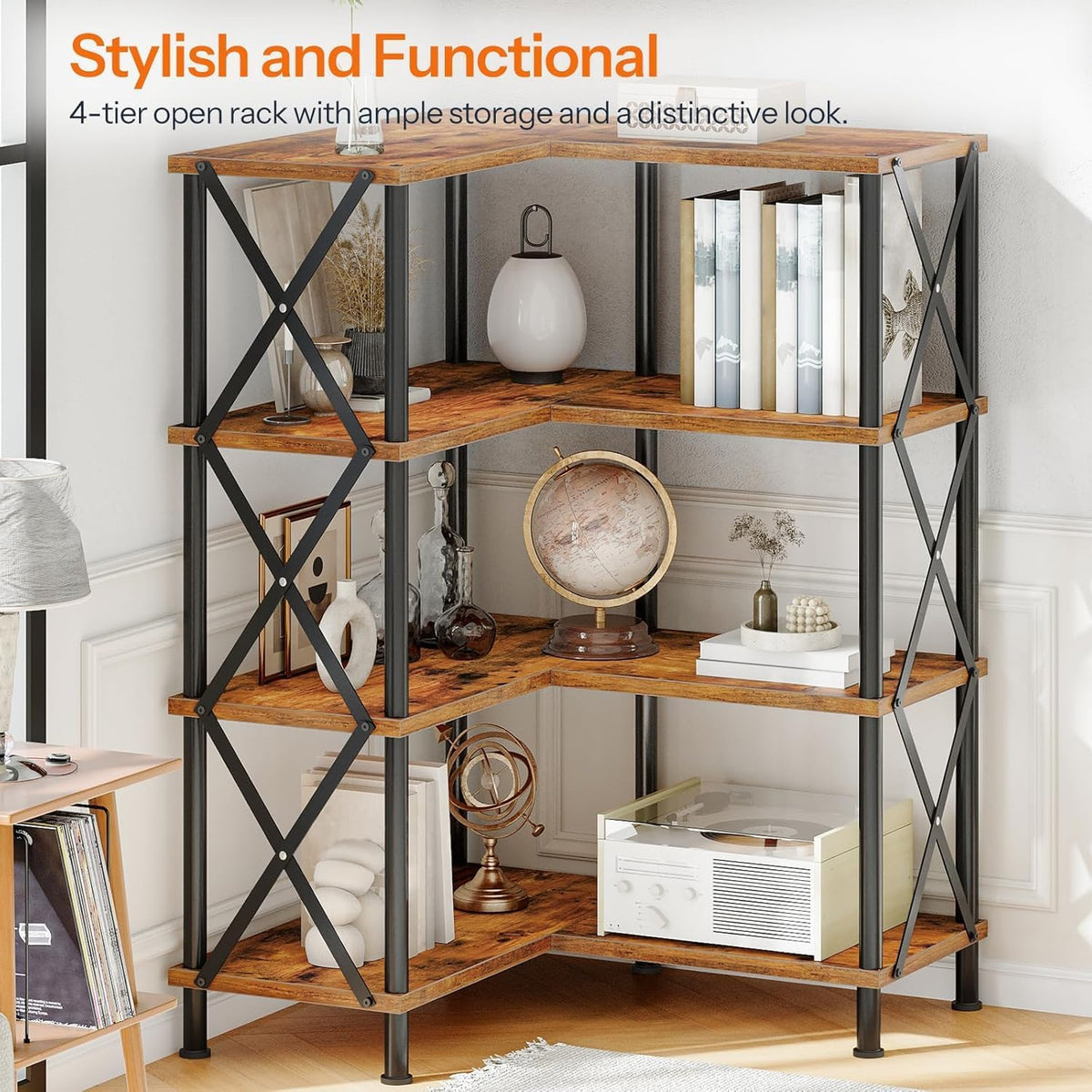 Four-Tier L-Shaped Corner Bookshelf in Brown and Black