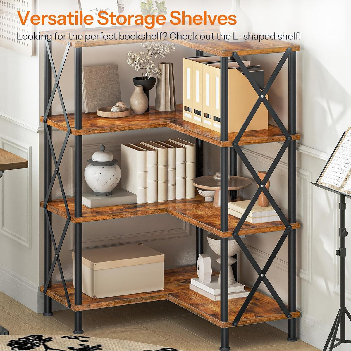 Four-Tier L-Shaped Corner Bookshelf in Brown and Black