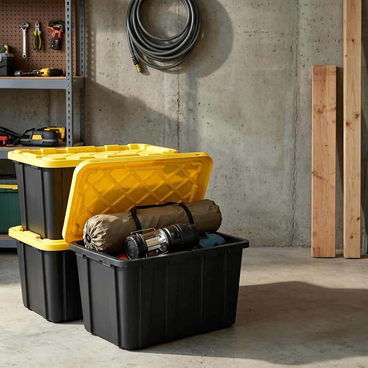 27-Gallon Black Storage Bins with Yellow Lids, 6-Pack