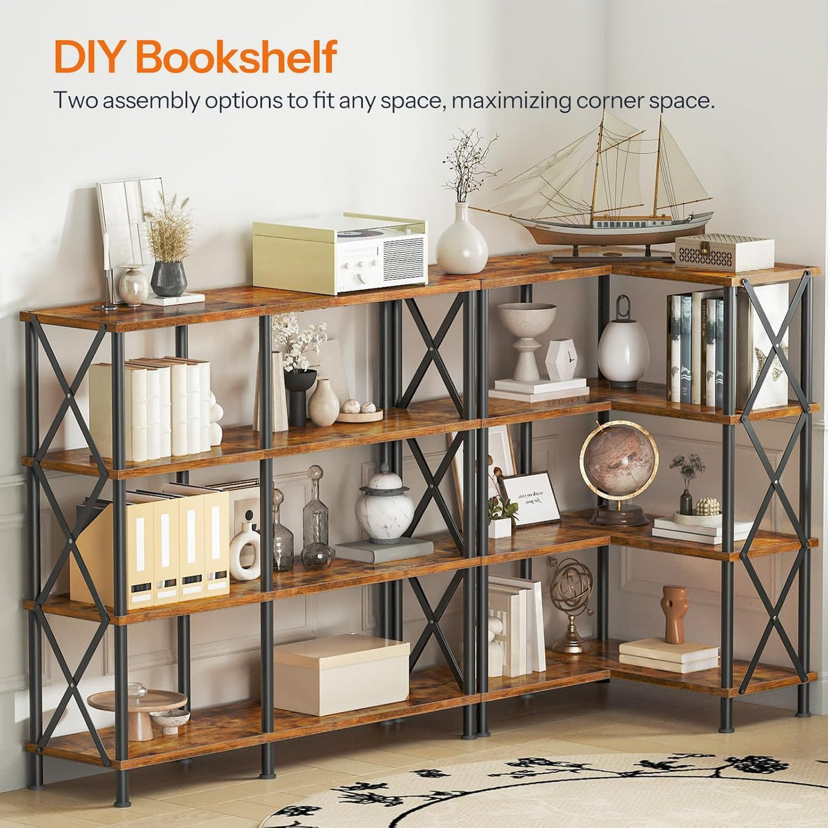 Four-Tier L-Shaped Corner Bookshelf in Brown and Black