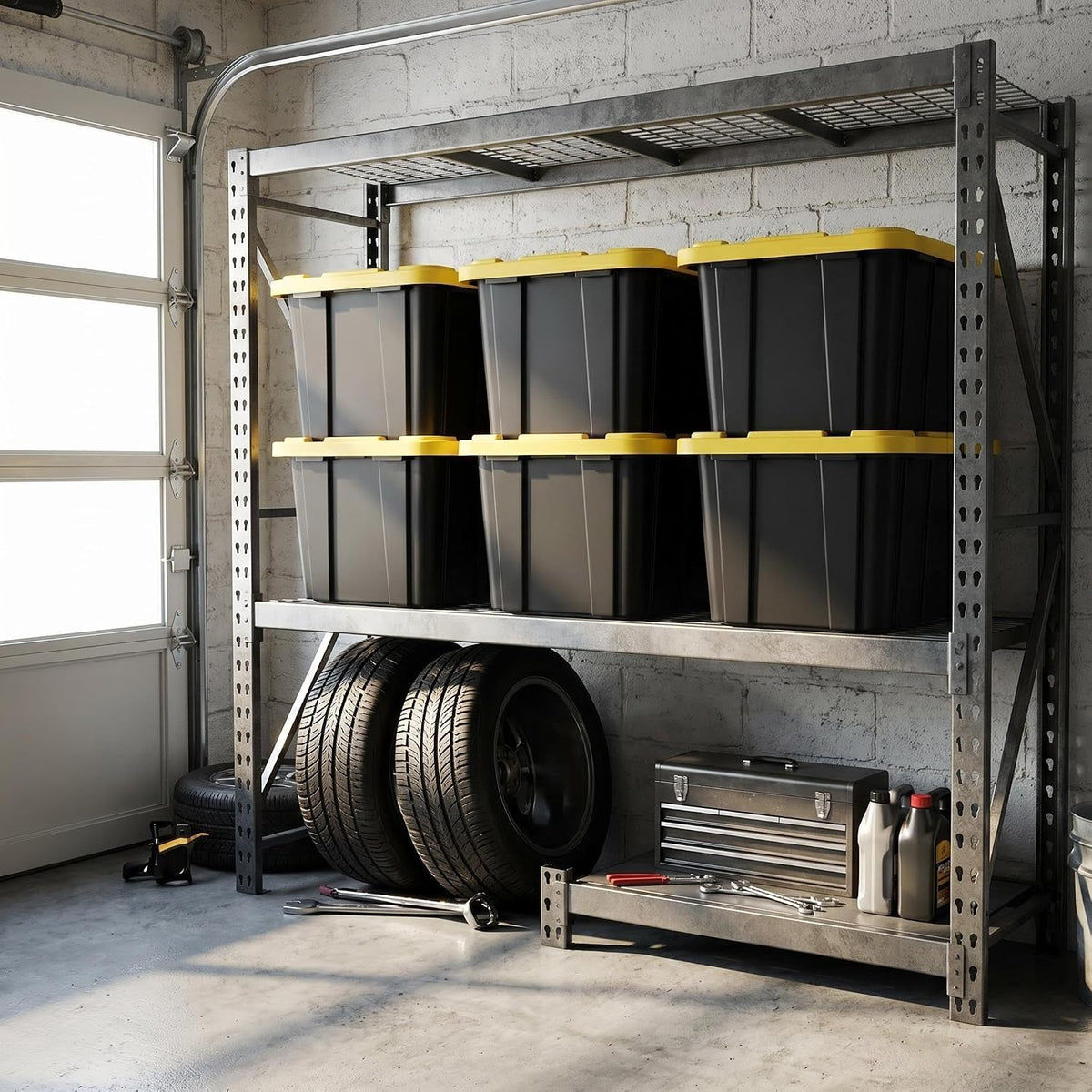 27-Gallon Black Storage Bins with Yellow Lids, 6-Pack