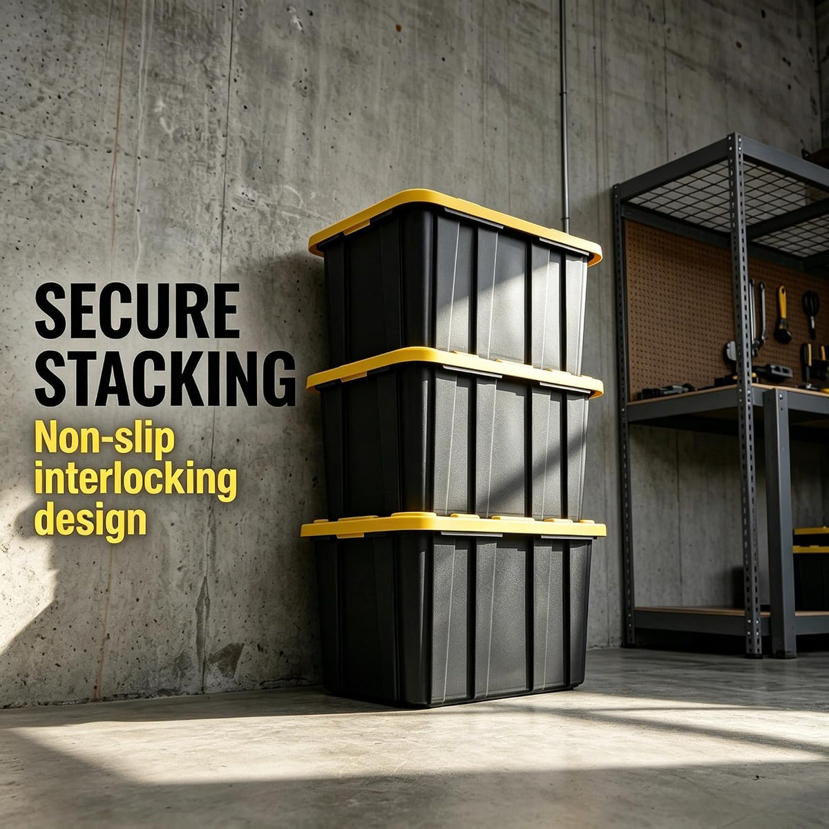 27-Gallon Black Storage Bins with Yellow Lids, 6-Pack