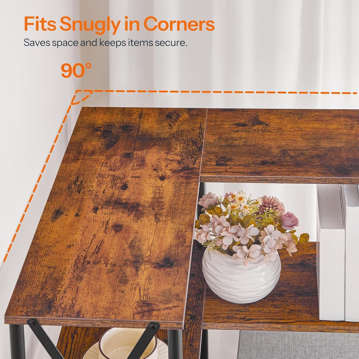 Four-Tier L-Shaped Corner Bookshelf in Brown and Black